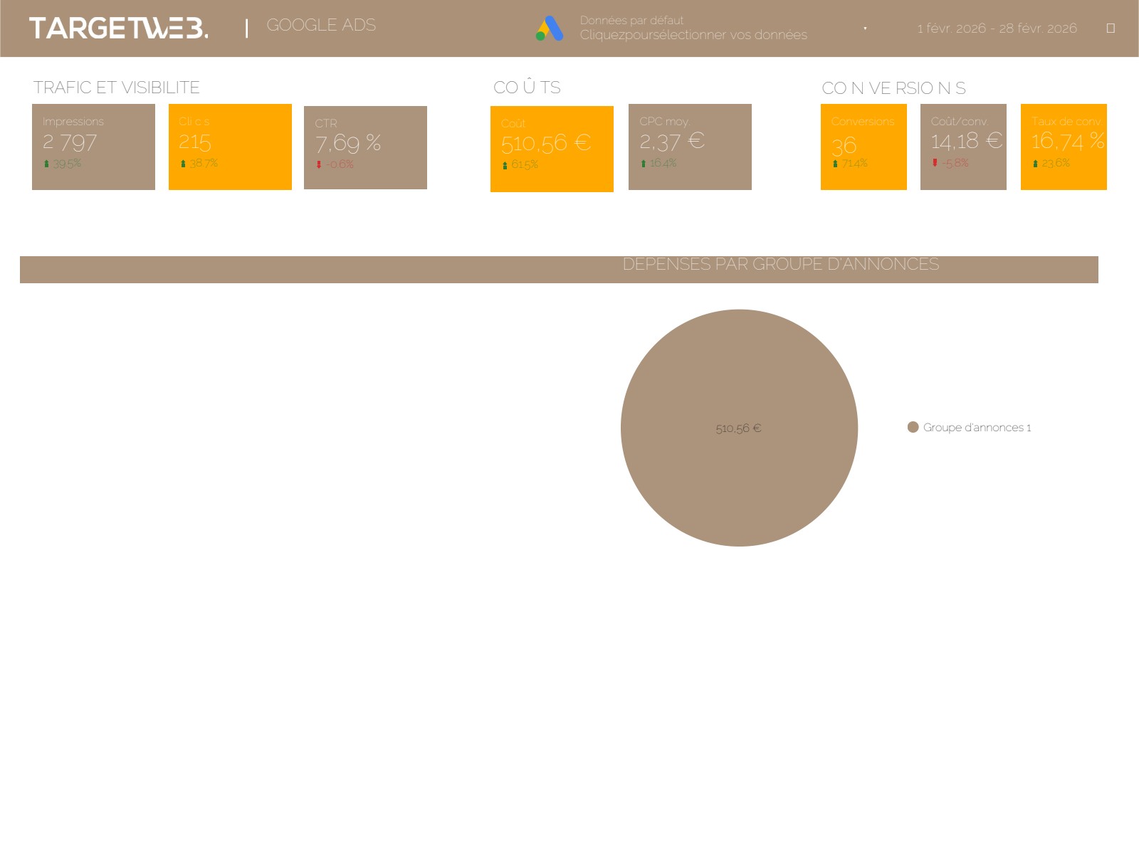 Performances Google Ads avec coûts, conversions et ROI