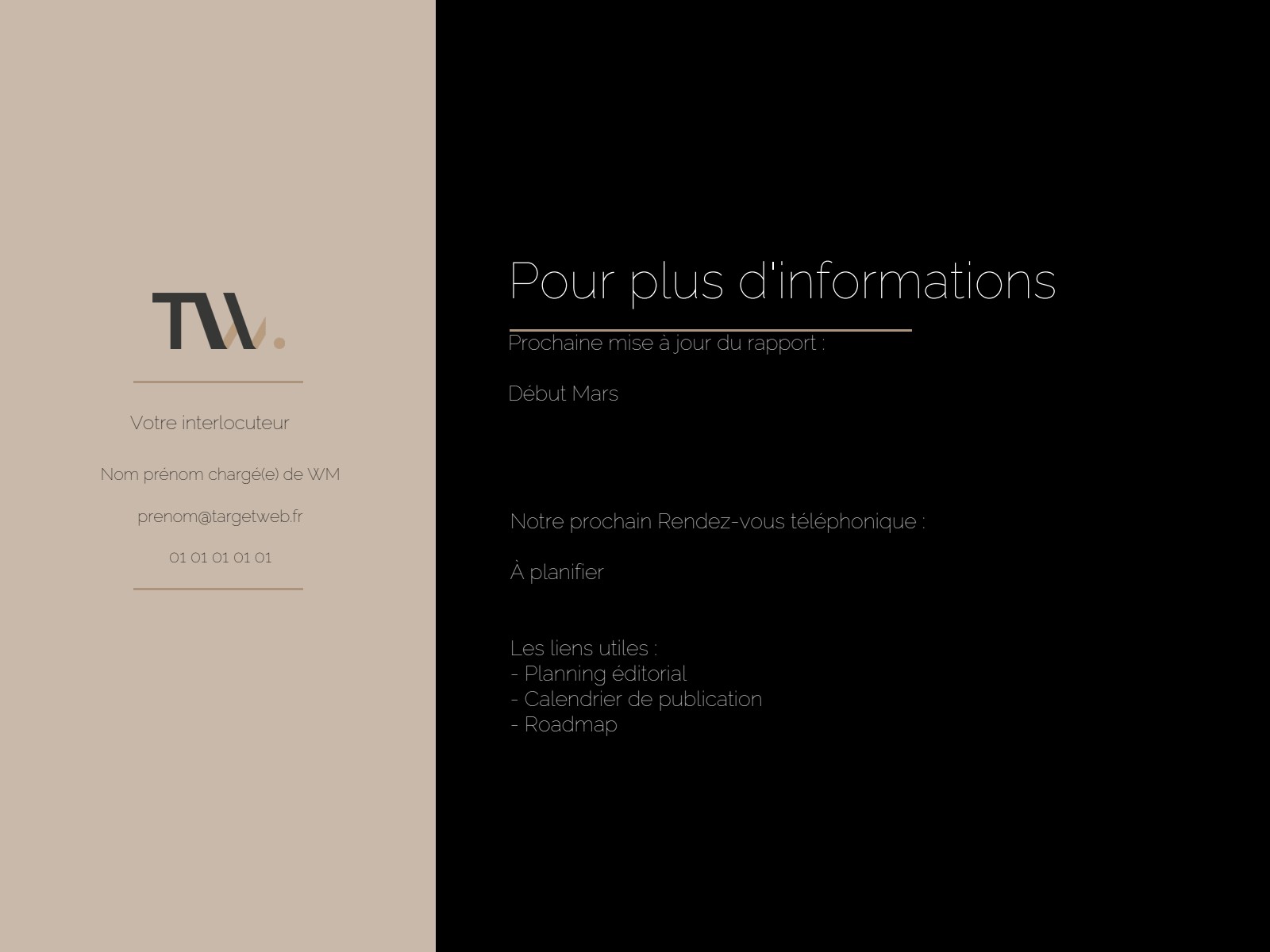 Planning du mois prochain avec interlocuteur et liens utiles