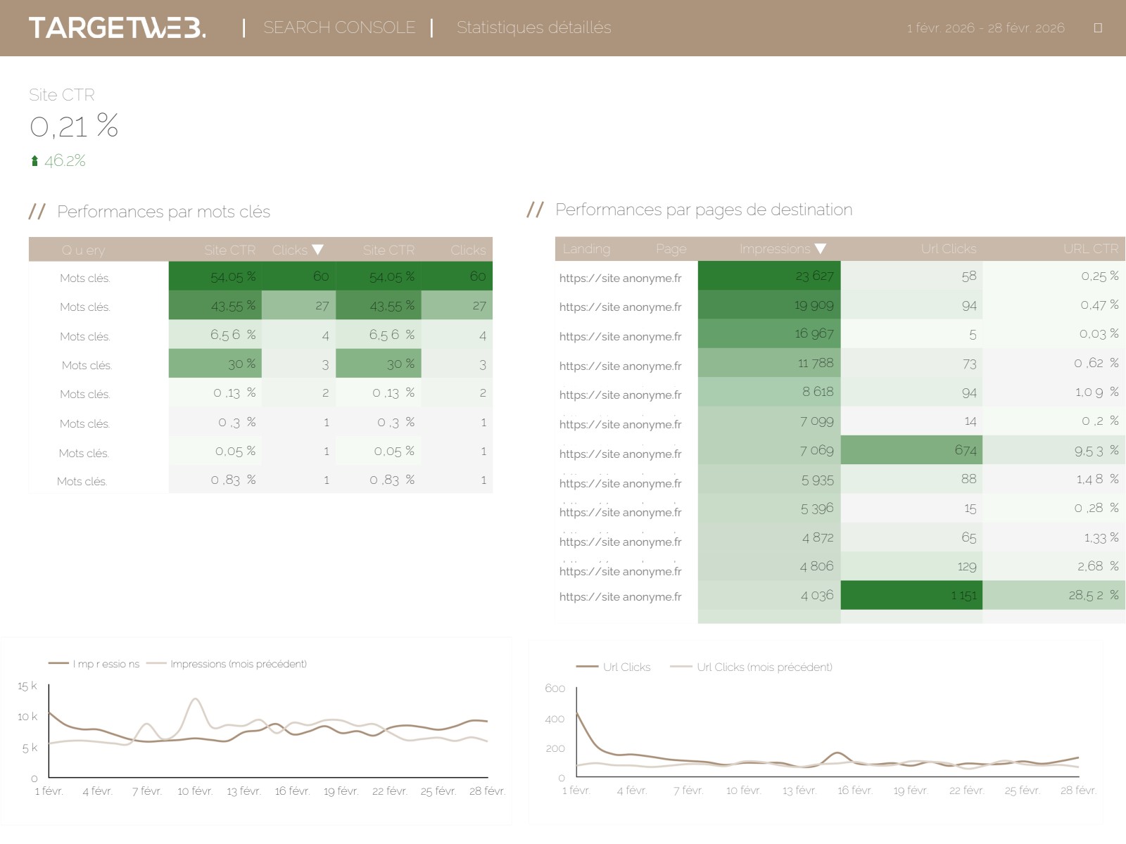 Analyse détaillée Search Console avec CTR et pages de destination